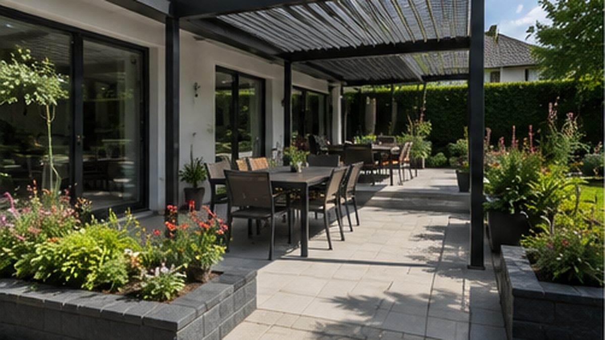 Gepflasterte Terrasse mit Beeten